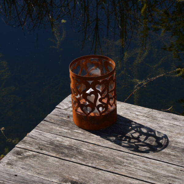 Windlicht, Tischdeko Herz, mit Glaseinsatz, Edelrost, 26 cm